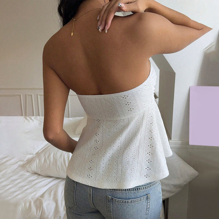 Women’s Bustier Top – Eyelet Fabric – Strapless Cropped Fit – Ruching with Tie Detail