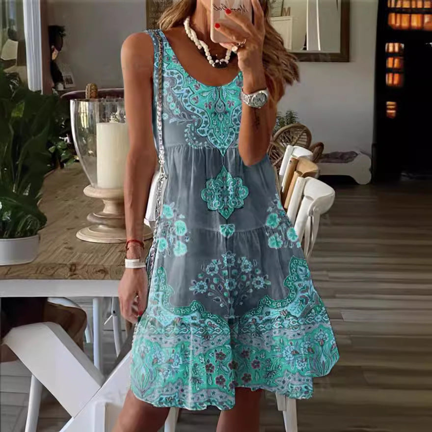 Women’s Sleeveless Dress – Flowy Fit – Scoop Neck – Tiered – Ornamental Pattern