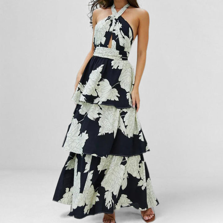 Women’s Maxi Dress – Halter Neck – Tiered Skirt – Keyhole Detail – Lightweight Flowy Fit