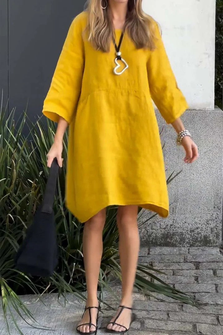 Women’s Dress – Loose Fit – Cotton Linen – Knee Length – 3/4 Sleeve – With Pockets