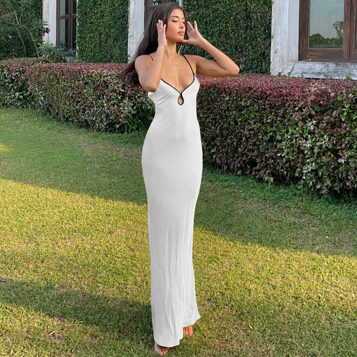 Women’s Slip Dress - Satin Finish - Deep V Neckline - Spaghetti Straps - Keyhole Detail