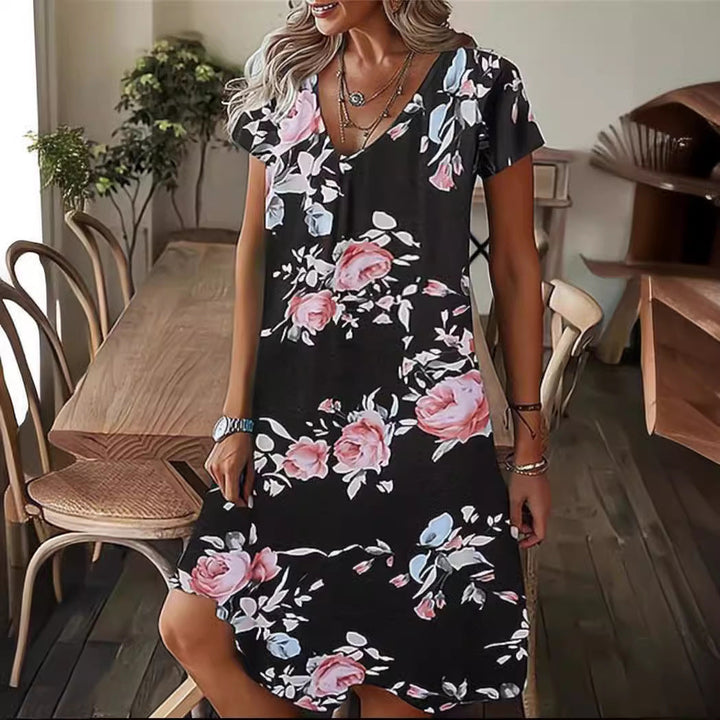 Women’s Dress – Floral Print – Loose Fit – V-Neck – Short Sleeve – Casual Wear