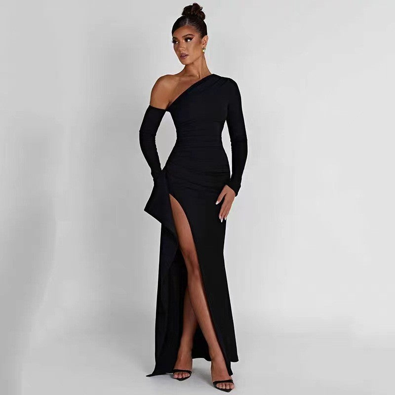 Women’s Maxi Dress – One Shoulder – Slim Fit – Long Sleeve