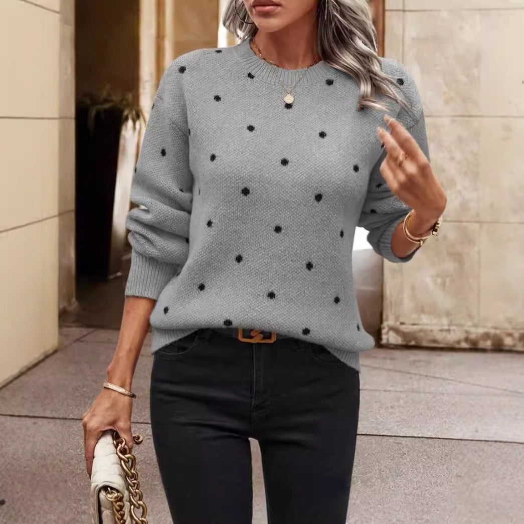 Women’s Knitted Pullover Sweater - Relaxed Fit - Polka Dot Pattern - Long Sleeve