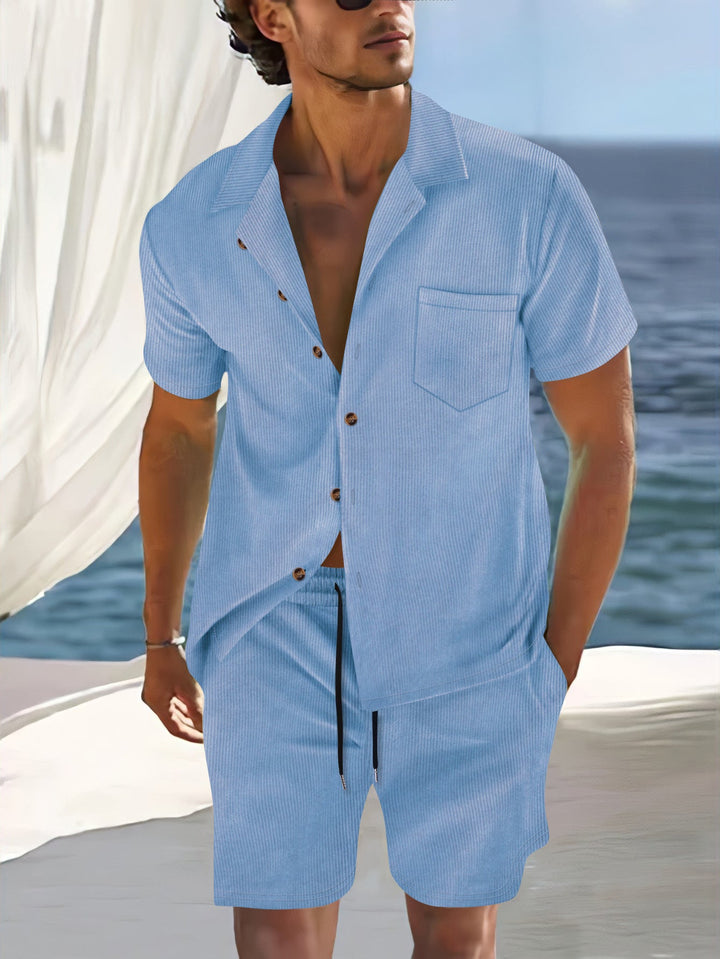 Men’s Short Sleeve Short Set – Relaxed Fit – Vertical Stripe – Lapel Collar – Button Front