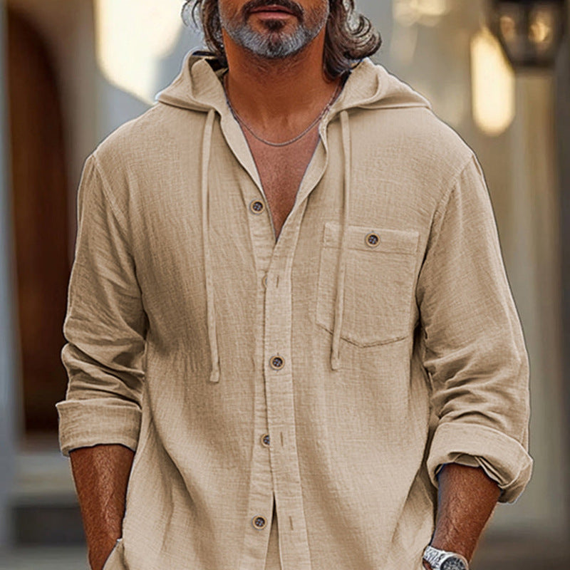Men’s Hooded Shirt – Linen Blend – Relaxed Fit – Button Front – Long Sleeve Casual