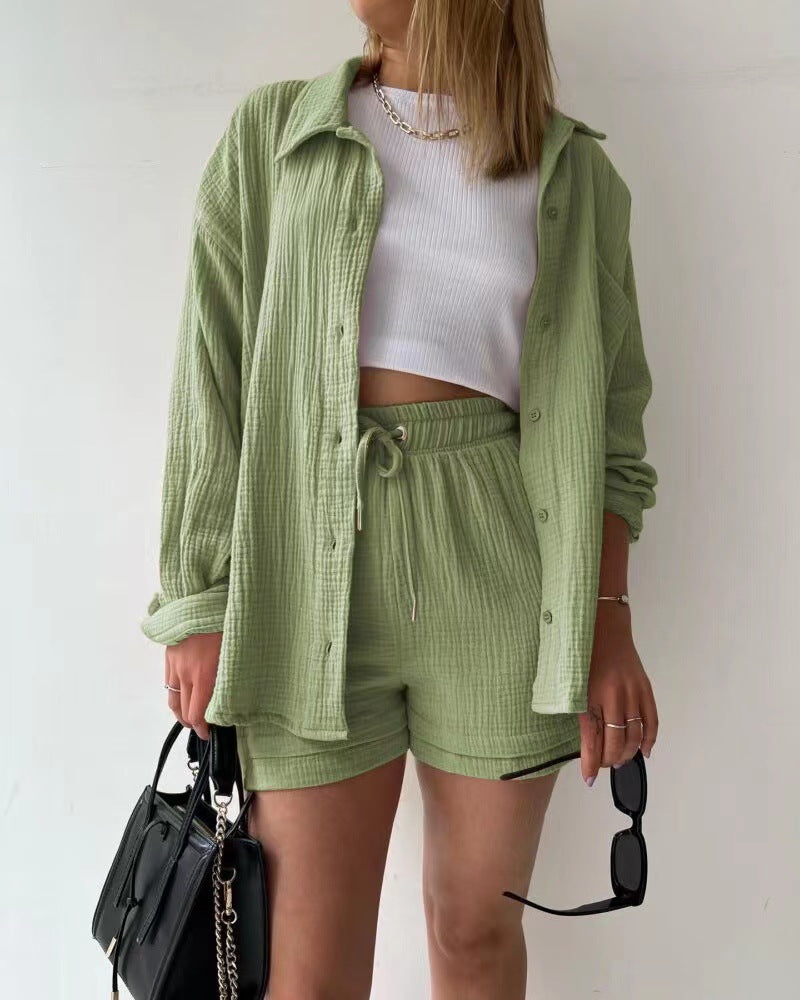Women’s Two-Piece Set – Relaxed Crinkled Shirt – High-Waisted Drawstring Shorts