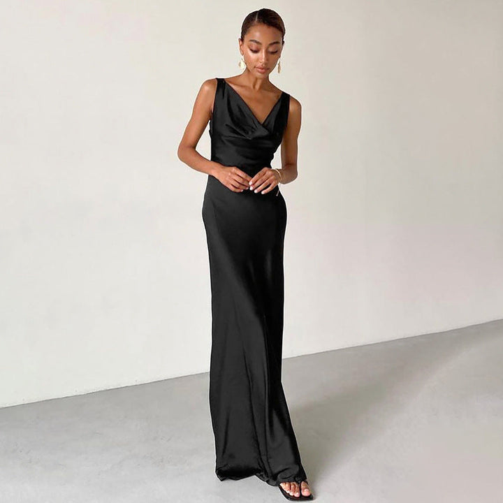 Women’s Evening Gown – Floor-Length – Cowl Neckline – Sleeveless – Slim Fit – Silk Feel