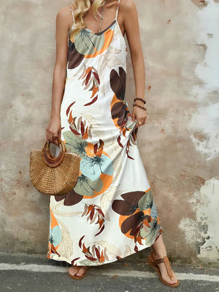 Women’s Maxi Dress – Cotton – Relaxed Fit – Sleeveless Spaghetti Strap – Floral Print