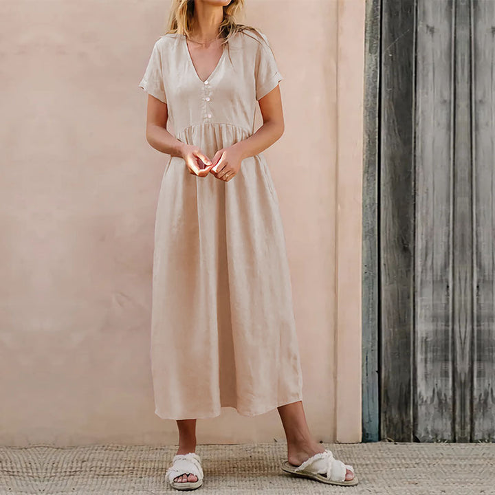 Women’s Midi Dress – V-Neck – Short Sleeve – Button Front – Loose Fit – Lightweight Fabric