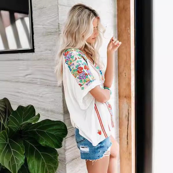 Women’s V-Neck T-Shirt – Relaxed Fit – Floral Embroidery – Breathable Cotton Blend