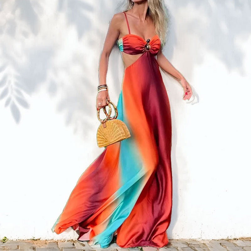 Women’s Maxi Dress - Strapless Sweetheart Neck - Flowy A-Line - Ring Detail Bust
