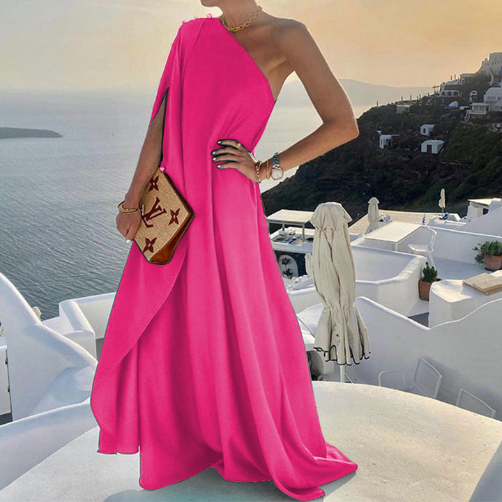 Women’s Maxi Dress – One-Shoulder Draped Silhouette – Flowing Fit