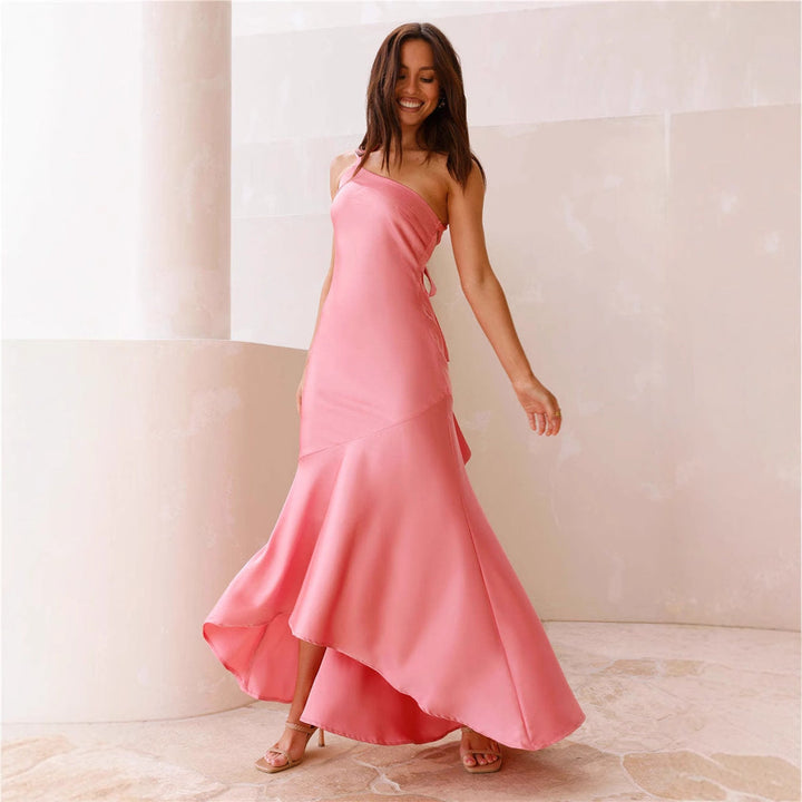 Women’s Evening Dress – One Shoulder – Satin Finish – Mermaid Silhouette – High-Low Hem