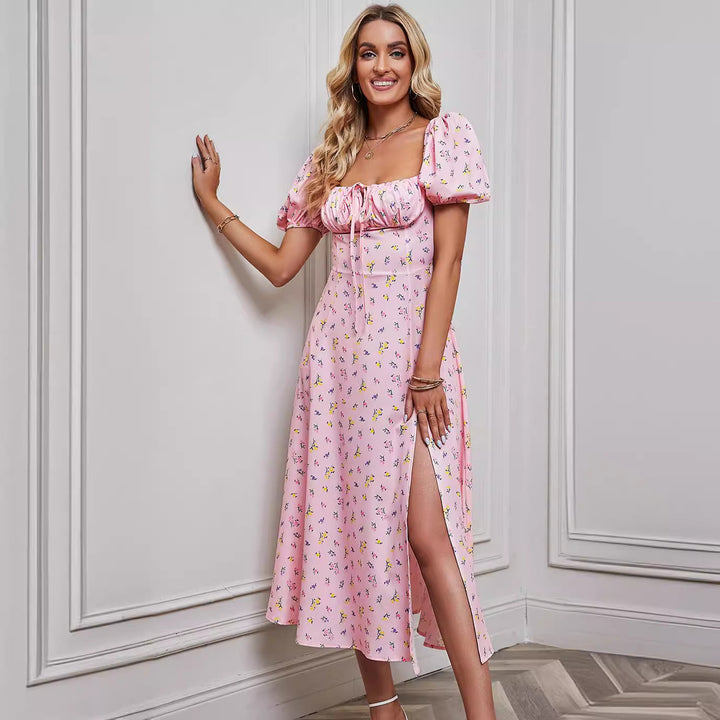 Women’s Midi Dress – Square Neckline – Puff Sleeve – A-Line Fit – Front Slit