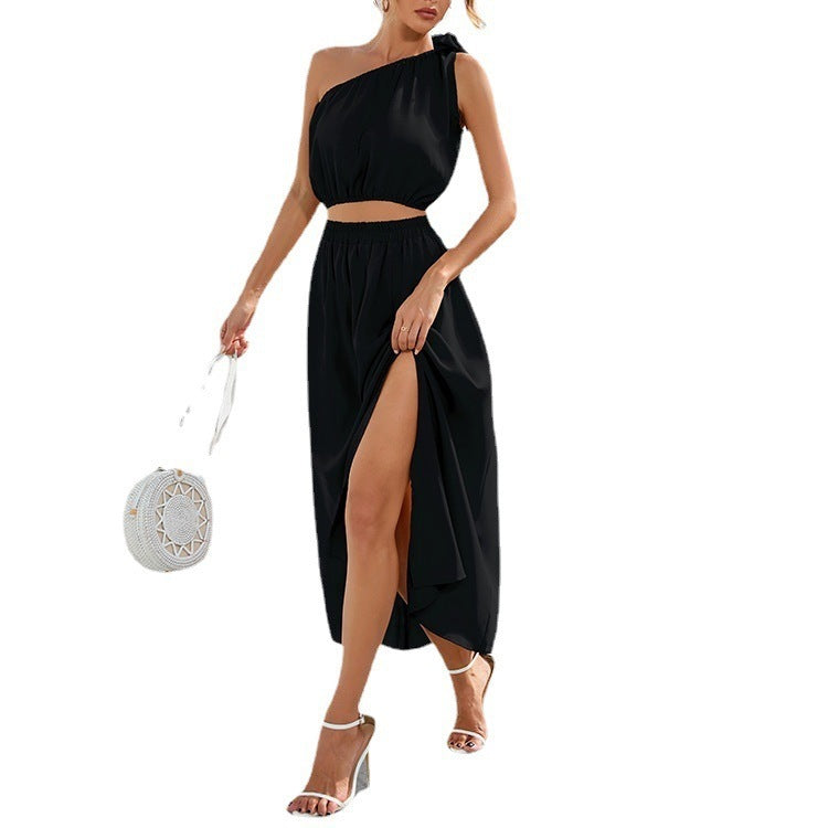 Women’s Two-Piece Set – One Shoulder Top – Side Slit Skirt – Flowy Fit