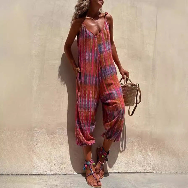 Women’s Jumpsuit – V-Neck – Tie-Dye Pattern – Elastic Cuffs – Adjustable Straps – Loose Fit