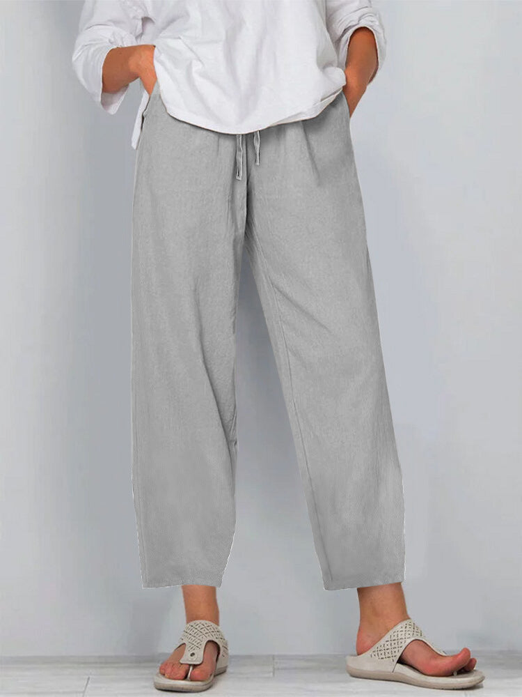 Women’s Wide-Leg Pants – Cotton Linen – Relaxed Fit – Elastic Waist with Drawstring – Full Length