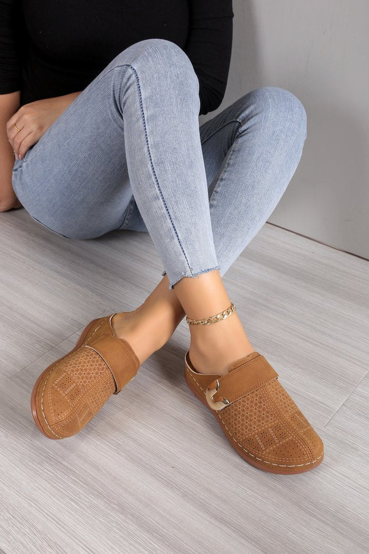 Women’s Mule Sandals – Slip-On Comfort – Perforated Upper – Decorative Buckle