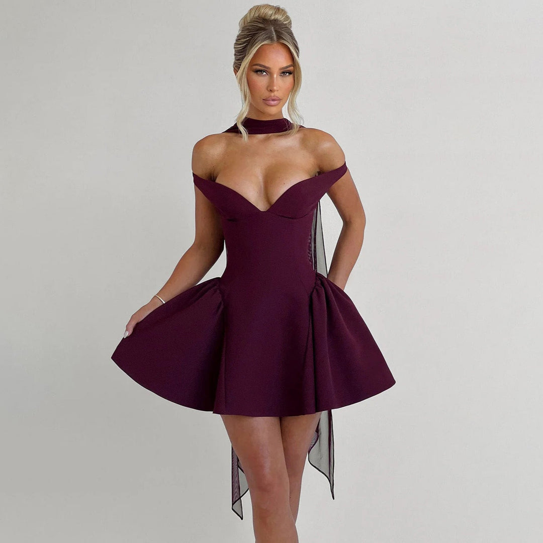 Women’s Cocktail Dress – Off Shoulder – Sweetheart Neckline – A-Line Skirt – Choker Detail