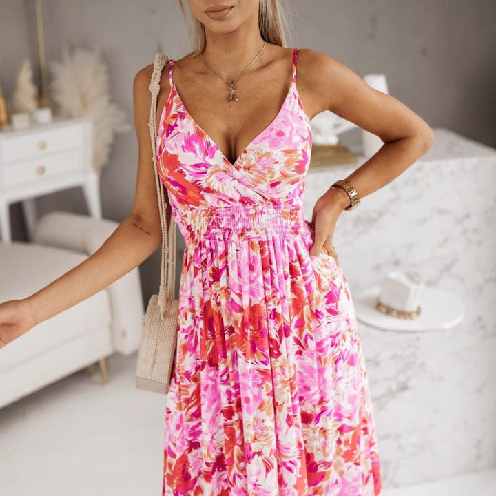 Women’s Maxi Dress – V-Neck – Sleeveless A-Line – Floral Print – Smocked Waist