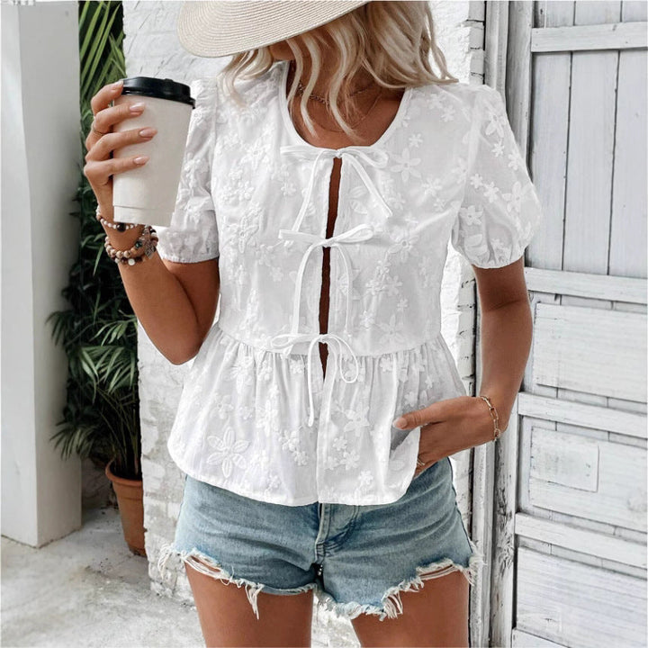 Women’s Blouse – Puff Sleeve – Floral Embroidery – Tie Front – Peplum Waist