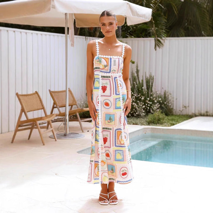 Women’s Sundress – Beaded Straps – Square Neckline – Flowy Skirt – Graphic Print