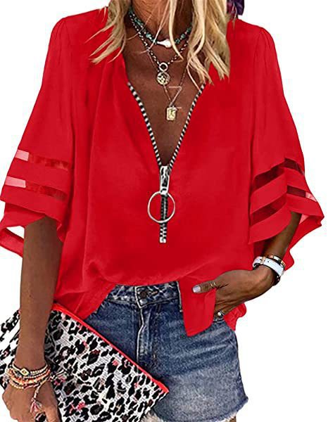 Women’s Zip-Up Blouse – Relaxed Fit – V-Neck – Elbow Sleeve – Breezy Fabric