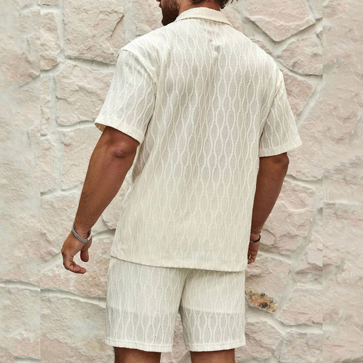 Men’s Two-Piece Set – Button-Up Shirt & Shorts – Relaxed Fit – Notched Collar – Lightweight Cotton
