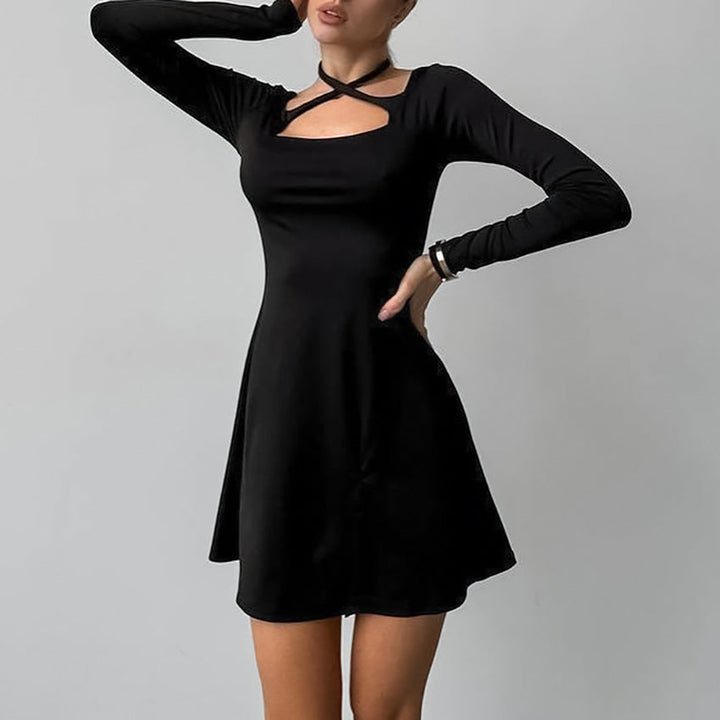 Women’s A-Line Dress – Keyhole Neckline – Crisscross Straps – Long Sleeve Fitted Fit