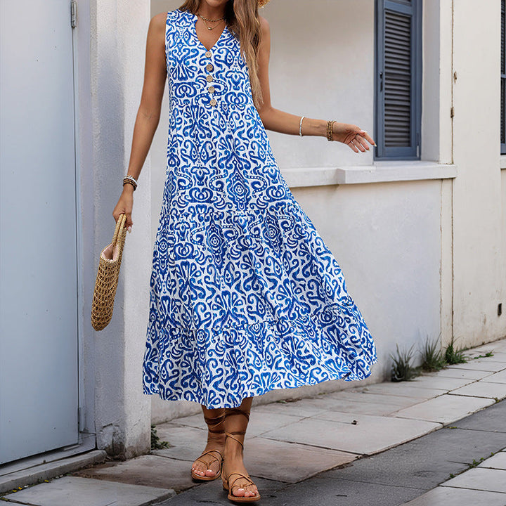 Women’s Midi Dress – Sleeveless V-Neck – Fitted Waist – Tiered Skirt – Flowy Fit