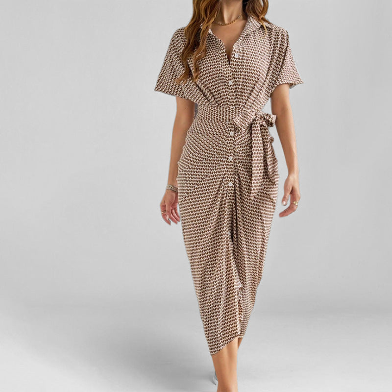 Women’s Shirt Dress – Midi Length – Short Sleeve – Tie Waist – Button Front – Patterned