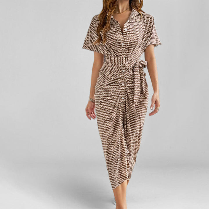 Women’s Shirt Dress – Midi Length – Short Sleeve – Tie Waist – Button Front – Patterned