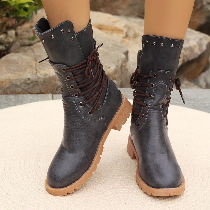 Women’s Mid-Calf Boots – Lace-Up – Chunky Heel – Studded Detail – Treaded Sole