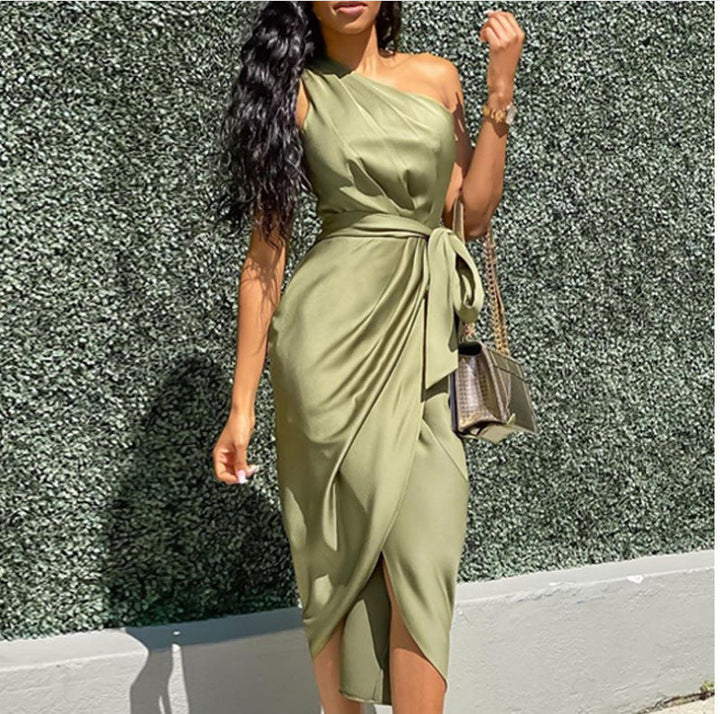 Women’s Midi Dress – One Shoulder – Slim Fit – Draped Skirt – Waist Tie Detail