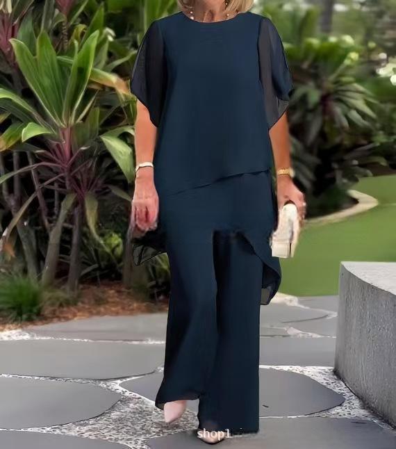 Women's Chic Asymmetric Layered Top and Flowy Trousers Set