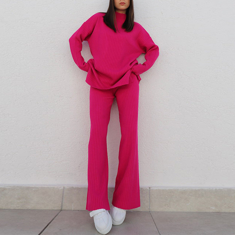 Women’s Knit Loungewear Set – Ribbed Texture – Relaxed Fit – Semi-High Neck – Full Length