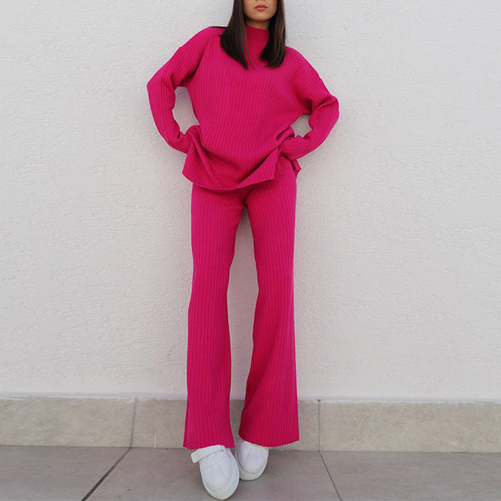 Women’s Knit Loungewear Set – Ribbed Texture – Relaxed Fit – Semi-High Neck – Full Length