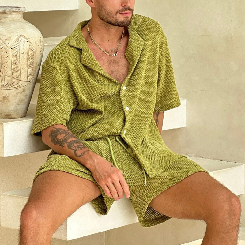 Men’s Shirt and Shorts Set - Short Sleeve Button-Up - Notched Collar - Elastic Waist Drawstring