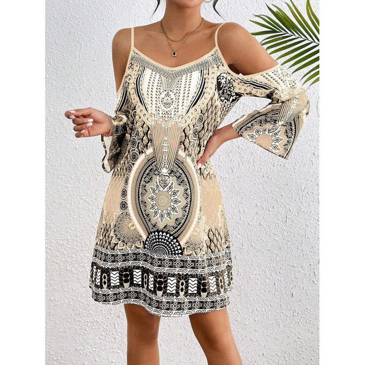 Women’s Off-Shoulder Dress – Flowing Fit – Cotton Blend – Bell Sleeve – Mixed Pattern