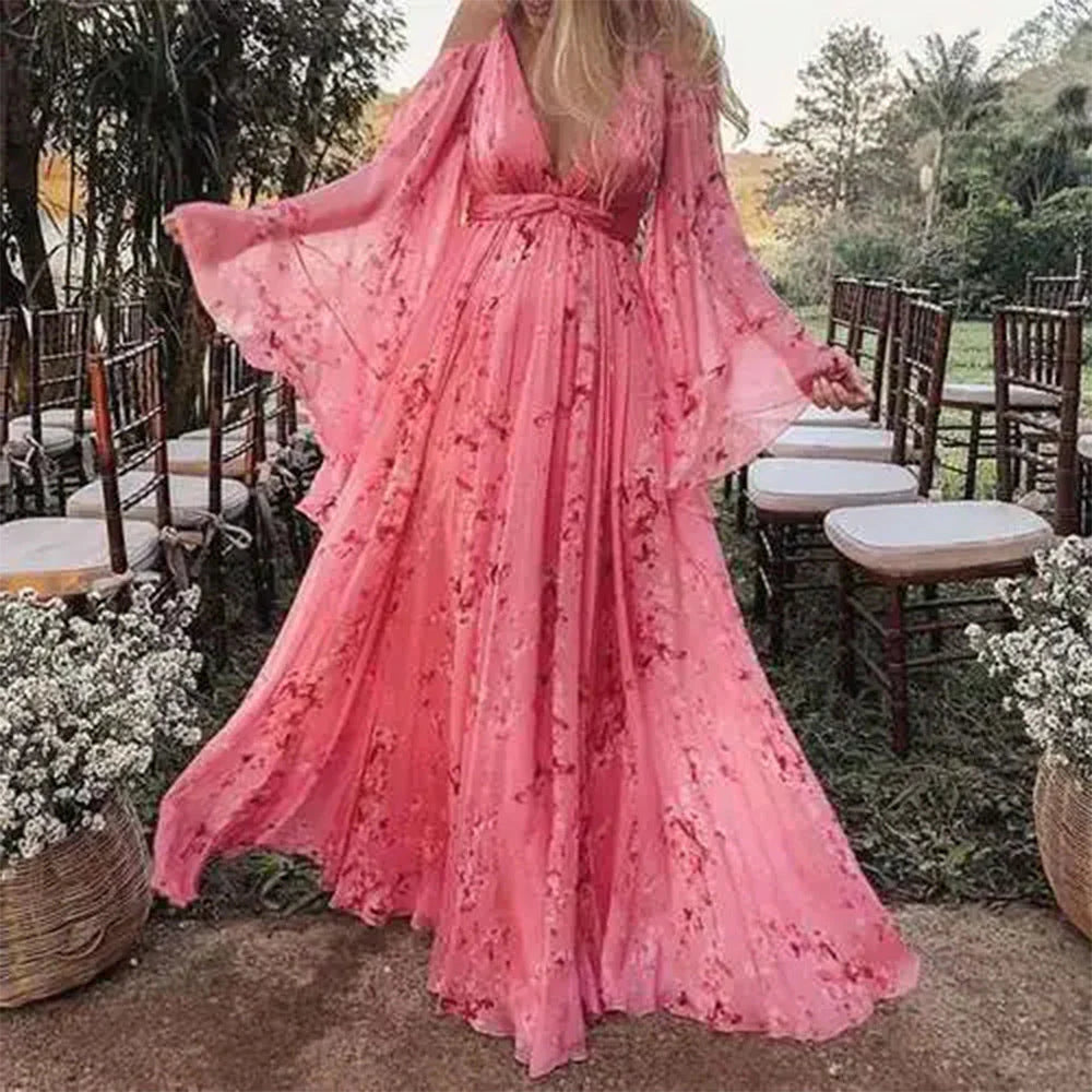 Women's Maxi Dress - Floral Print - Deep V-Neck - Open Shoulder - Cinched Waist - Flowy