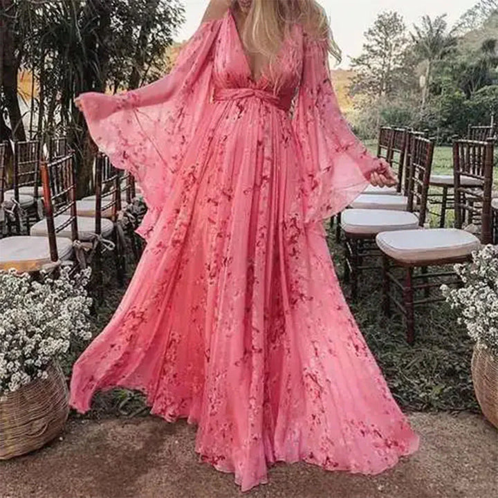 Women's Maxi Dress - Floral Print - Deep V-Neck - Open Shoulder - Cinched Waist - Flowy