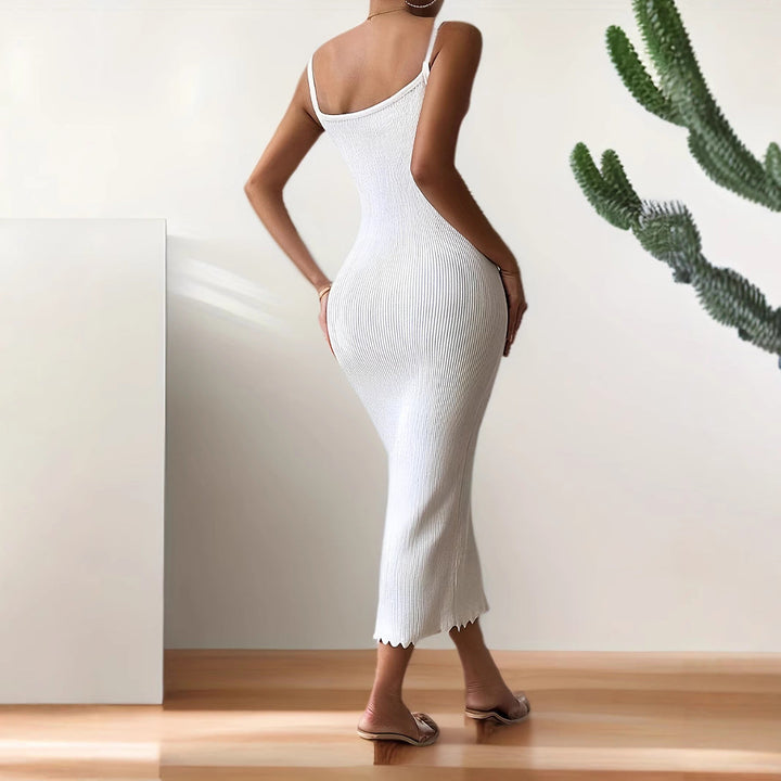 Women’s Bodycon Dress – Ribbed Knit – Scalloped Neckline – Spaghetti Straps – Midi Length