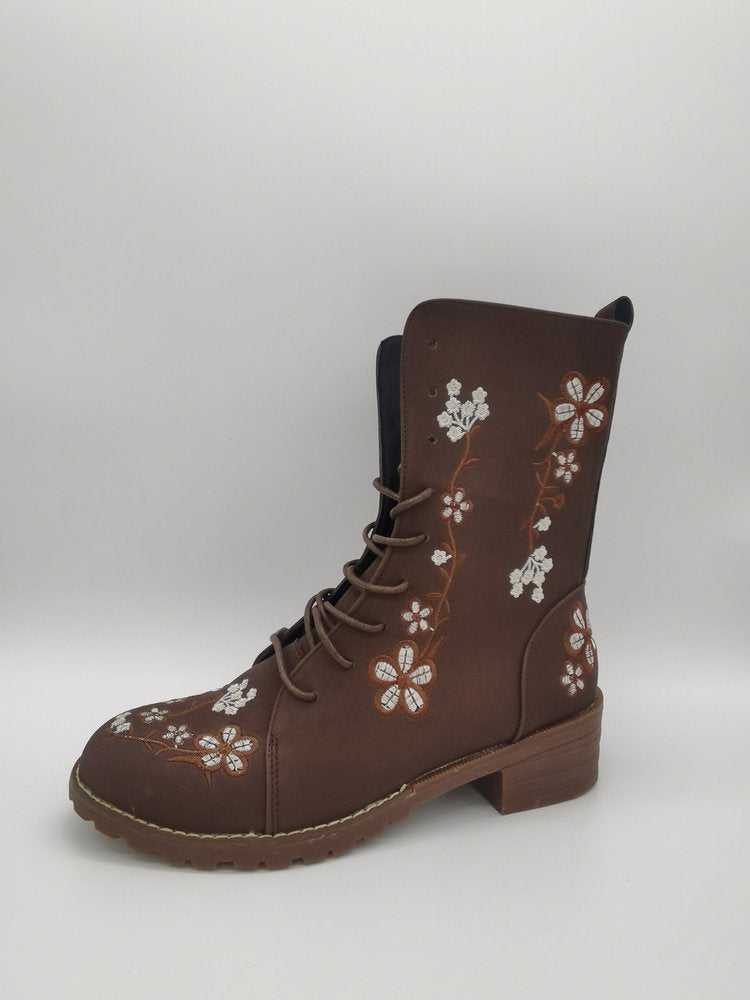 Women’s Mid-Calf Boots – Embroidered Floral – Round Toe – Block Heel – Lace-Up Zip