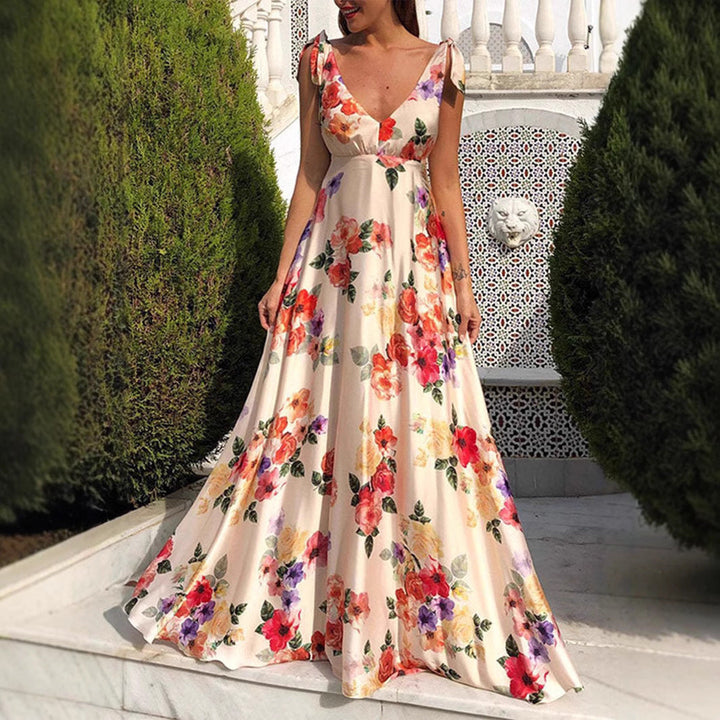 Women’s Maxi Dress – V-Neck A-Line – Ruffle Cap Sleeves – Fitted Waist – Floral Print