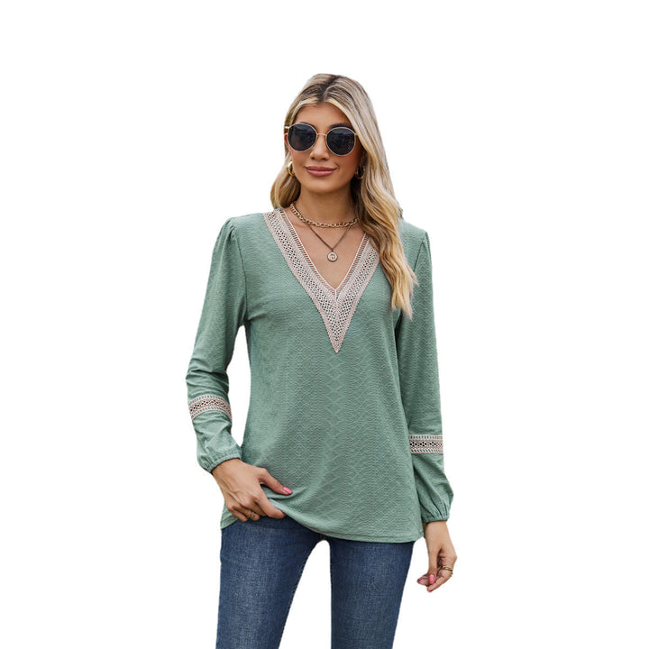 Women’s Long Sleeve T-Shirt – Loose Fit – V-Neck Lace Trim – Soft Breathable Knit