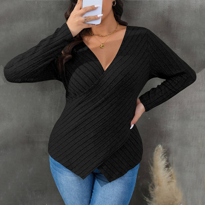 Women’s Wrap Top – Ribbed Knit – Fitted Silhouette – Long Sleeve V-Neck Design