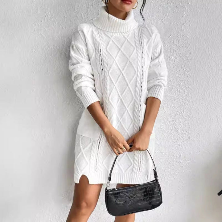 Women’s Sweater Dress - Cable Knit Diamond Pattern - Turtleneck - Long Sleeve Cozy Fit