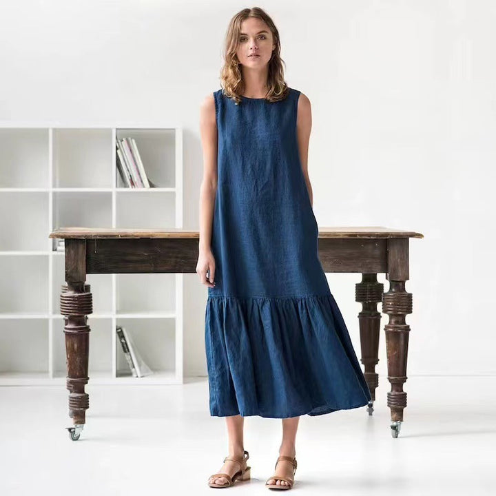 Women’s Sleeveless Dress - Lightweight Linen Blend - A-Line Fit - Ruffled Hem
