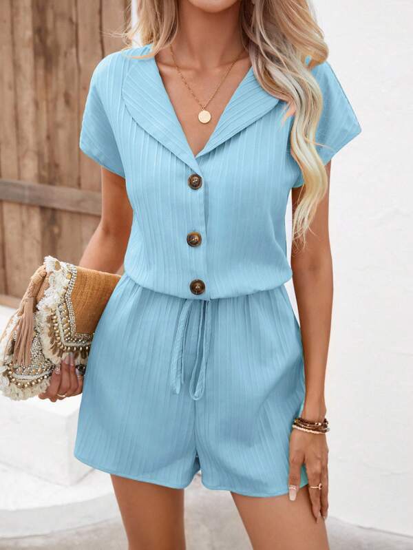 Women’s Romper - Relaxed Fit - Short Sleeve - Drawstring Waist - Notched Collar - Button Front
